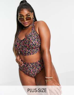 Vero Moda Curve Vero Moda Curve exclusive halter bikini top in black ditsy floral-Multi