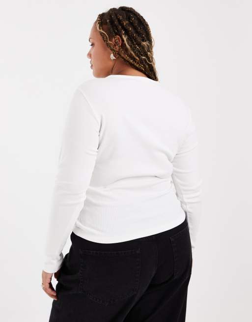 Vero Moda Curve fin ribbet top med lange ærmer i hvid, 2 af 4
