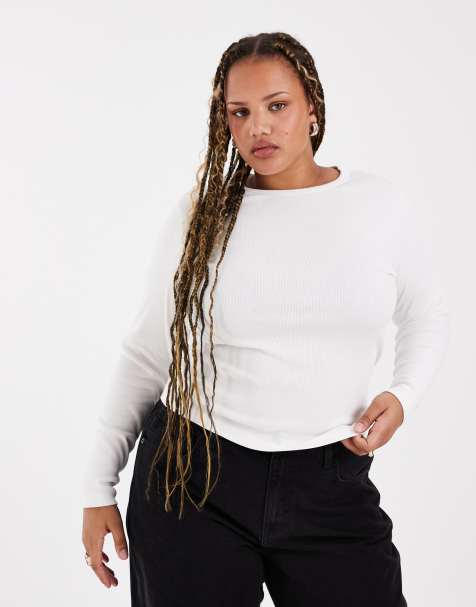 Vero Moda Curve fine rib long sleeved top in white - view 1