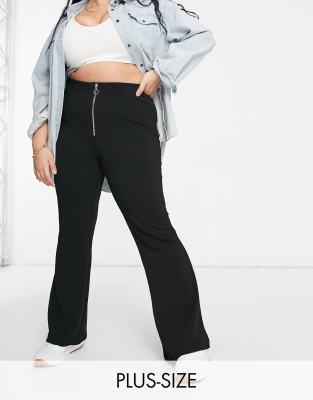 Vero Moda Curve flare trousers with zip front in black