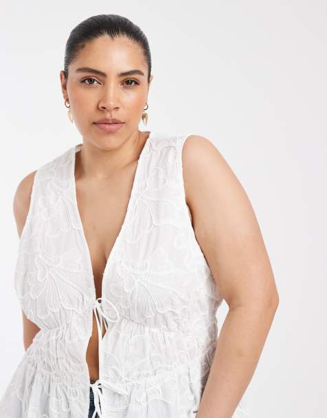 Vero Moda Curve floral embroidered tie front peplum hem blouse in white - view 1