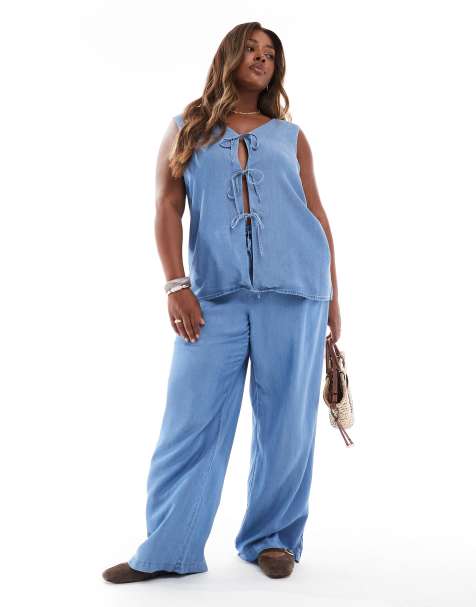 Vero Moda Curve fluid wide leg trouser co-ord in blue chambray