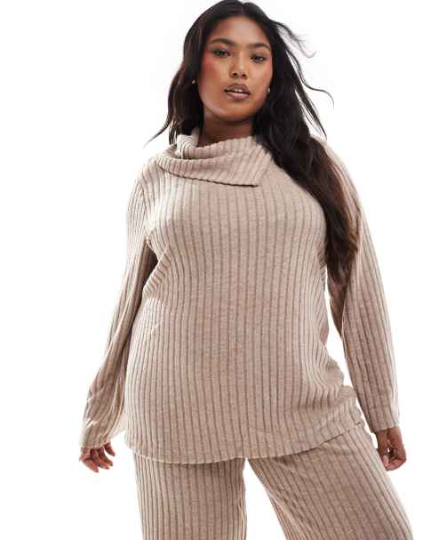 Vero Moda Curve foldover ribbed jersey top co-ord in beige - view 1