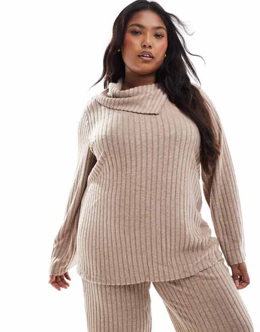 Vero Moda Curve foldover ribbed jersey top in beige (part of a set)
