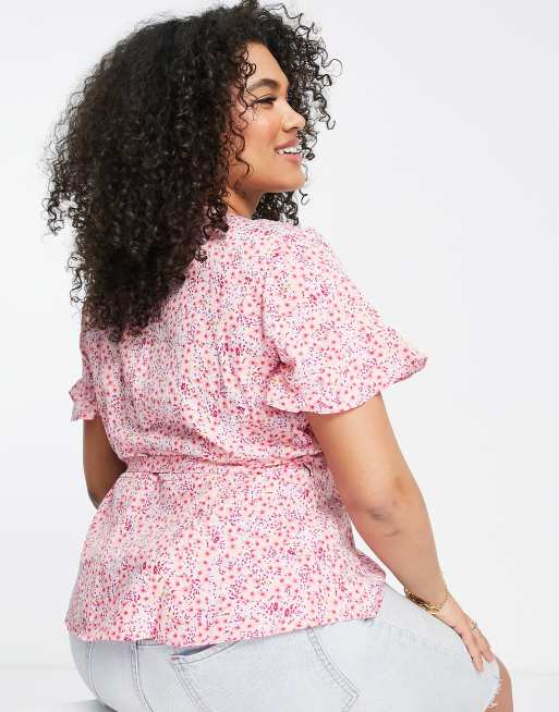Vero Moda Curve frill detail wrap front blouse in pink, 2 of 4