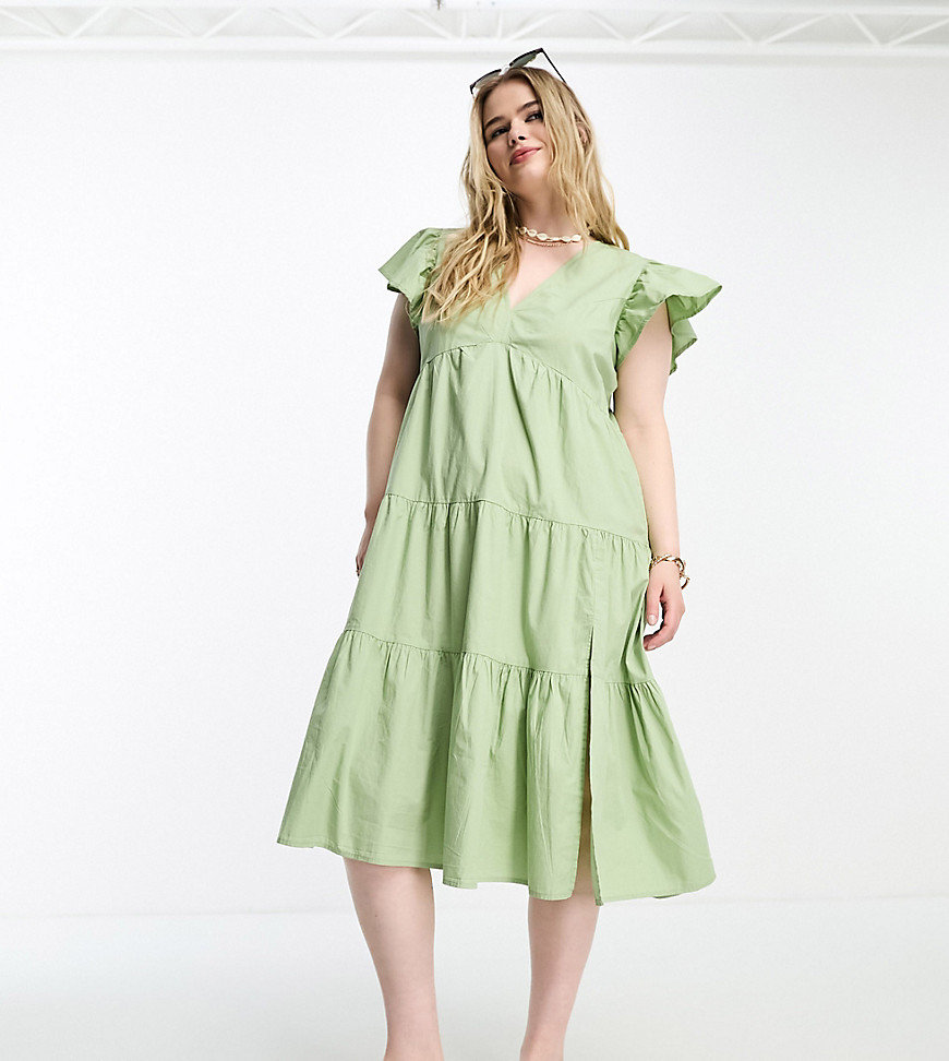 Vero Moda Curve frill sleeve midi dress in sage-Green