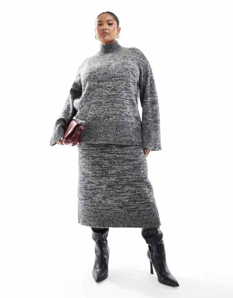 Vero Moda Curve - Gebreide midi rok in gemêleerd zwart en wit, deel van co-ord set - view 1