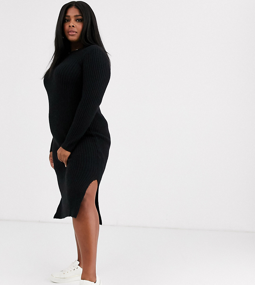 Vero Moda Curve - Gebreide mini-jurk met zijsplit in zwart