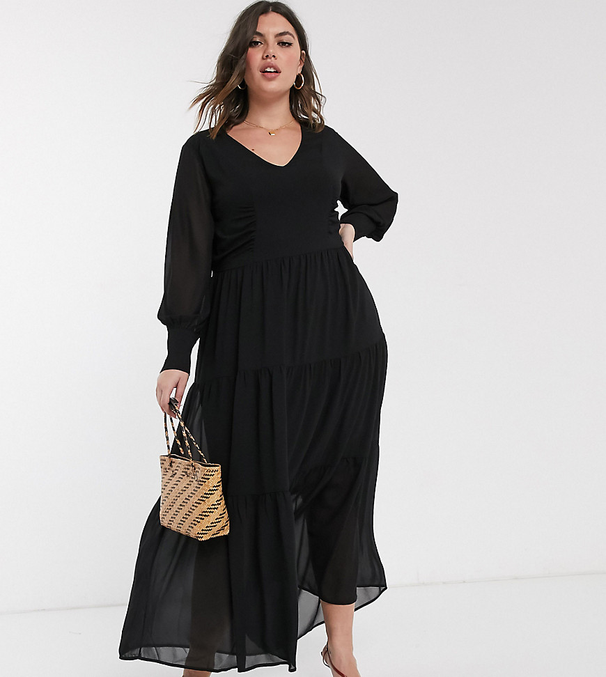 Vero Moda Curve - Gelaagde aangerimpelde lange jurk met wijde mouwen-Zwart