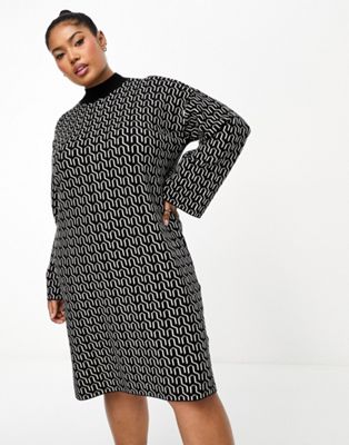 Vero Moda Curve Geo Knitted Mini Dress In Mono-black