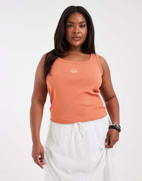 Vero Moda Curve - Geribbeld hemdje met lage ronde hals en geborduurde zon in oranje - view 1