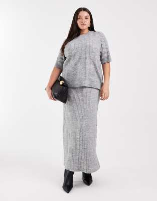 Vero Moda Curve - Gerippter Midi-Strickrock in Grau meliert, Kombiteil