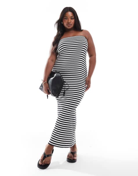 Vero Moda Curve - Gestreepte strapless maxi-jurk van geribbelde jersey in zwart-wit - view 1