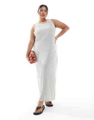 Vero Moda Curve - Gestreiftes Tanktop-Maxikleid in meliertem Schwarz-Weiß-Neutral