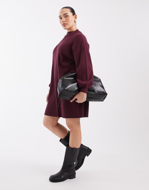 Vero Moda Curve gestricktes Mini-Kleid mit Stehkragen in Burgunderrot, 2 von 4