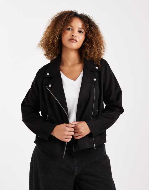 Vero Moda Curve - Giacca biker in camoscio sintetico nero effetto slavato - view 1