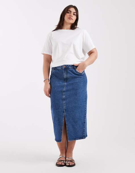 Vero Moda Curve - Gonna midi in denim lavaggio blu medio con spacco sul davanti - view 1