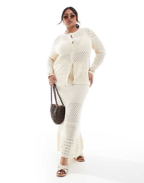 Vero Moda Curve – Gräddvitt, virkat set med kofta och kjol - view 1