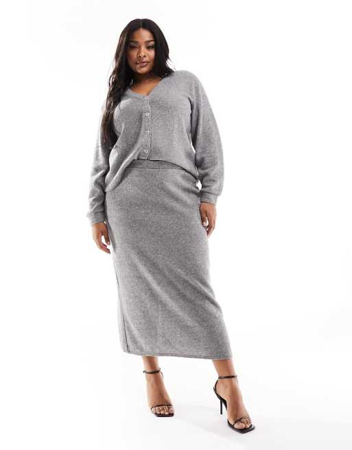 Vero Moda Curve – Gråmelerad, stickad midikjol, del av set