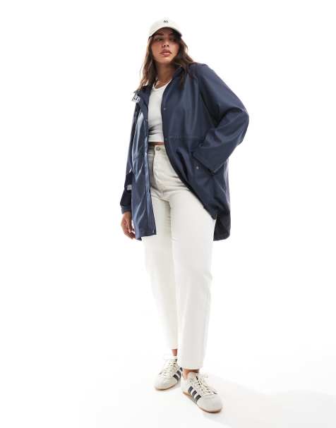 Vero Moda Curve coated rain jacket with hood in navy