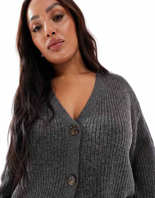 Vero Moda Curve - Grofgebreid vest met ribbels en knopen in asfaltgrijs, 2 van 4