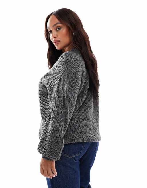 Vero Moda Curve - Grofgebreid vest met ribbels en knopen in asfaltgrijs, 4 van 4