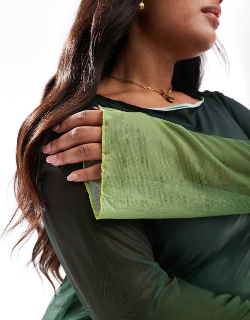 Vero Moda Curve – Grön, ombrémönstrad klänning i mesh med långa ärmar, 4 av 4