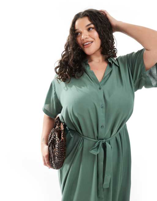 Vero Moda Curve – Grön skjortklänning i midilängd med knytskärp, 2 av 4