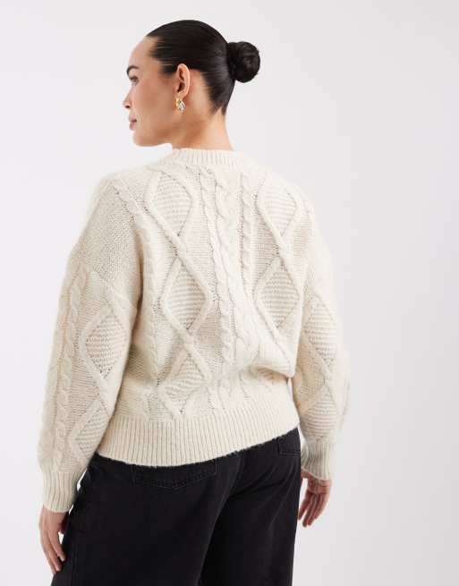 Vero Moda Curve grovstickad tröja med flätstickning i krämfärgad, 4 av 4
