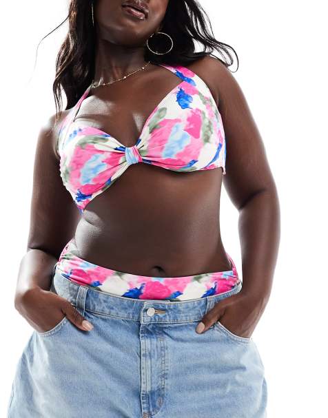 Vero Moda Curve halterneck knot front bikini top in bright watercolour print - view 1