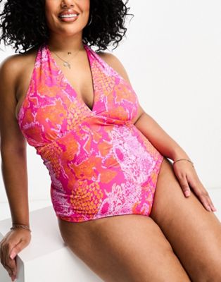 Vero Moda Curve Halterneck Swimsuit In Pink Snake Print