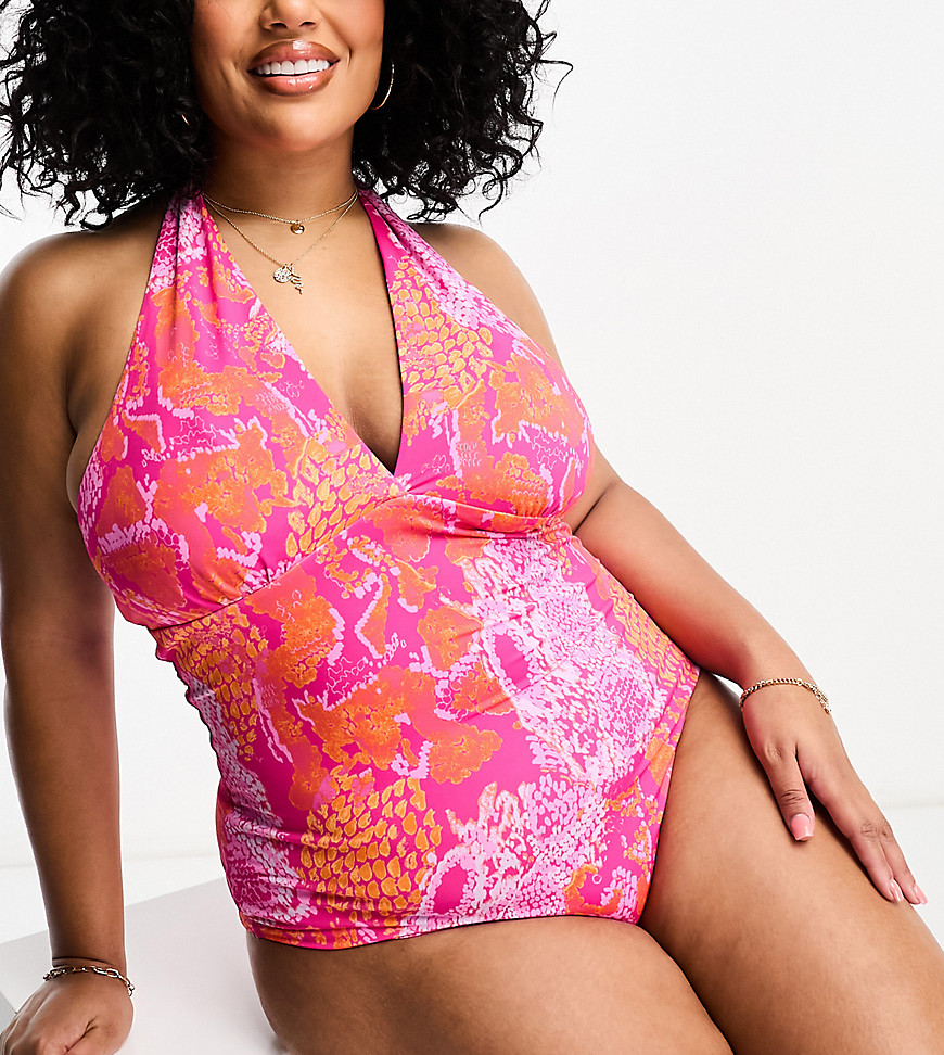 Vero Moda Curve Halterneck Swimsuit In Pink Snake Print