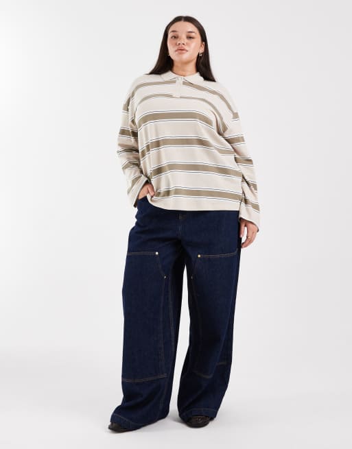 Vero Moda Curve – Havrefärgad och kakigrön, randig rugbytröja, 2 av 4