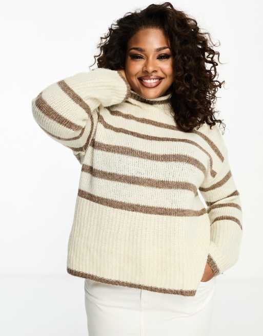 Vero Moda Curve high neck oversized stripe sweater in cream and brown