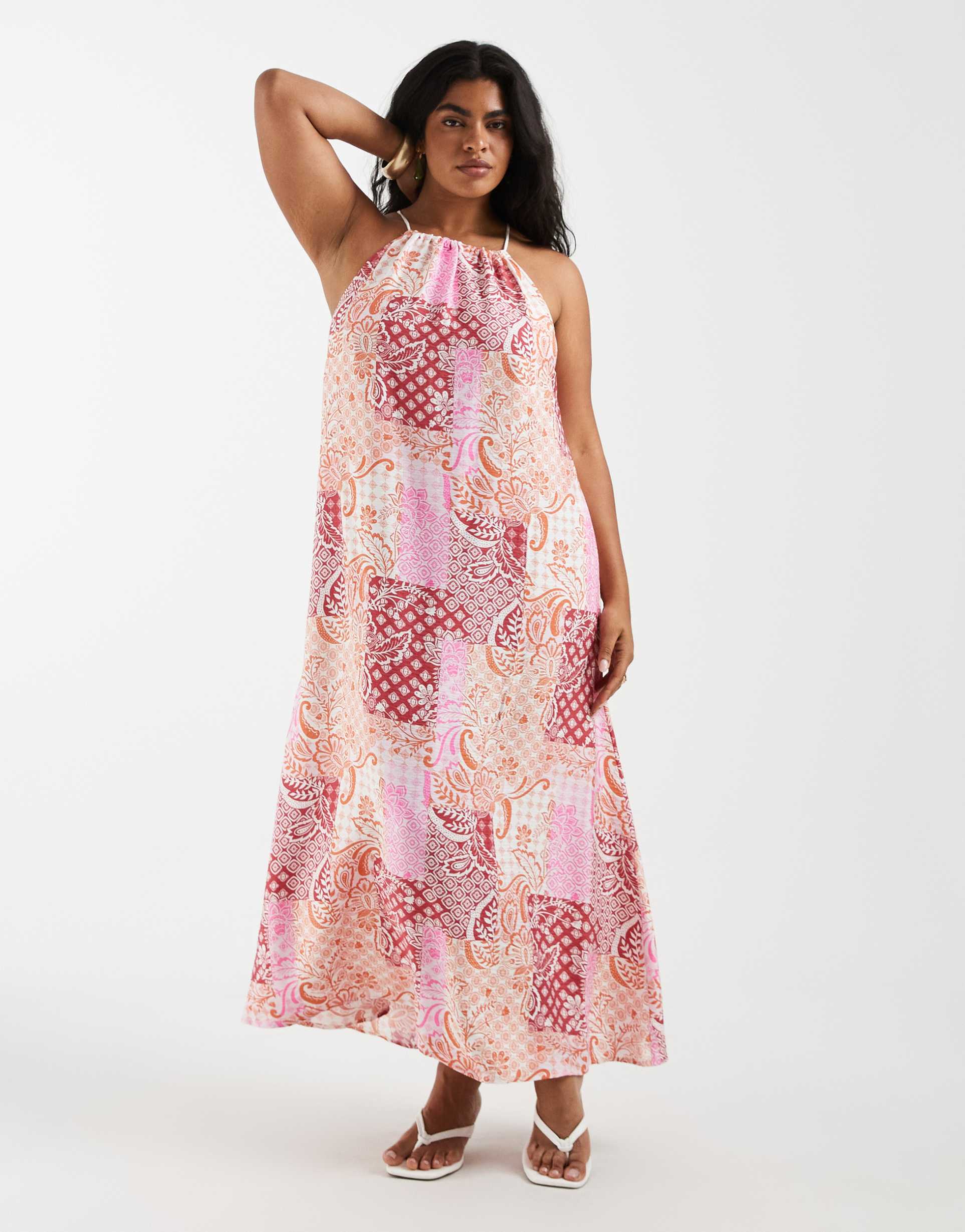 vero moda curve high neck trapeze midi dress in pink paisley patchwork print
