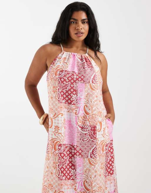 Vero Moda Curve high neck trapeze midi dress in pink paisley patchwork print, 2 of 4