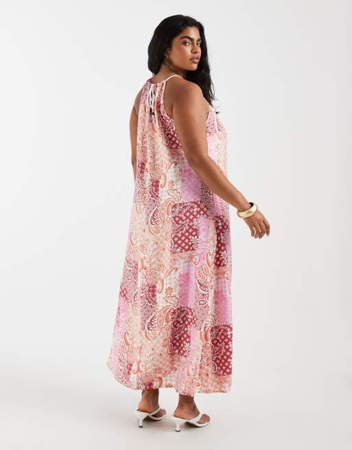 Vero Moda Curve high neck trapeze midi dress in pink paisley patchwork print, 4 of 4