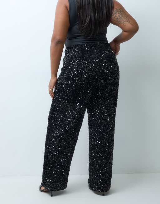 Vero Moda Curve high waist wide leg sequin pants in black, 4 of 5