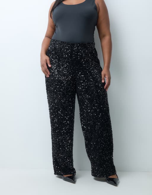 Vero Moda Curve high waist wide leg sequin trousers in black, 2 of 5