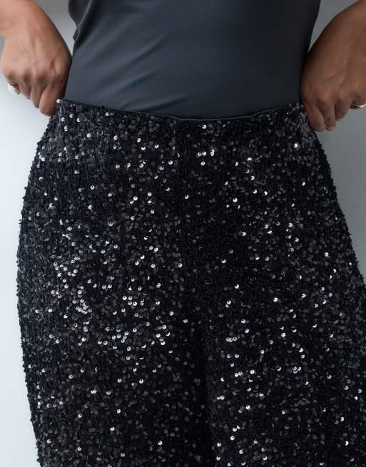 Vero Moda Curve high waist wide leg sequin trousers in black, 5 of 5