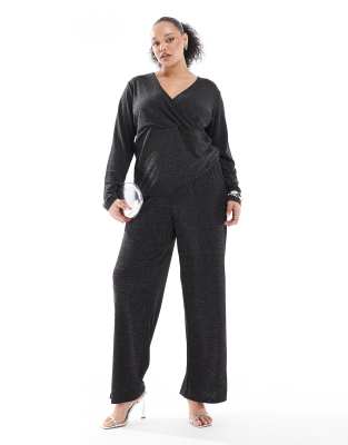 Vero Moda Curve - Hose in glitzerndem Schwarz mit weitem Bein, Kombiteil