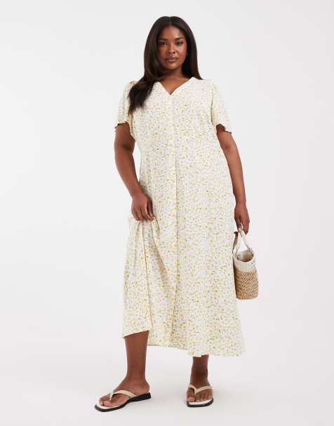 Vero Moda Curve - Hvid og gul maxikjole med knapper og småblomstret print - view 1