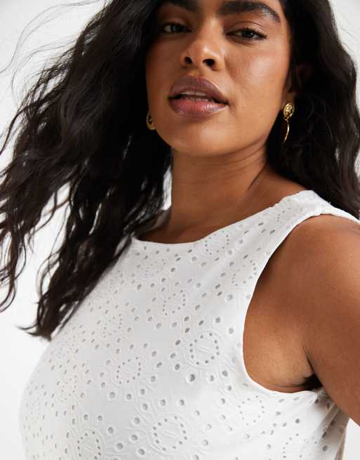 Vero Moda Curve - Hvid ærmeløs minikjole med blomsterbroderier i jersey, 3 af 4