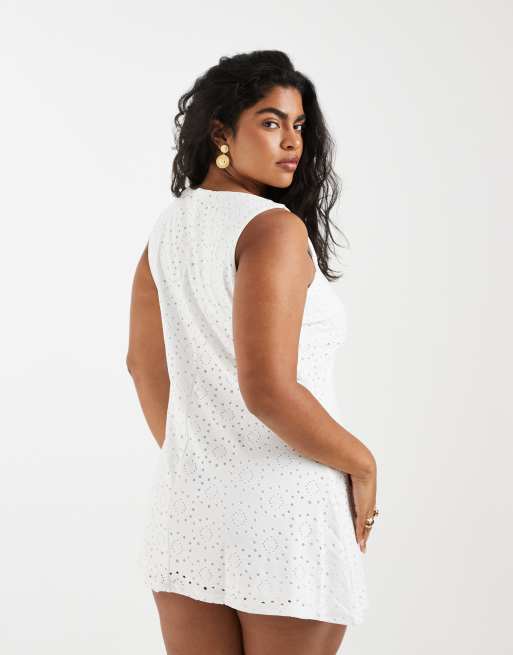 Vero Moda Curve - Hvid ærmeløs minikjole med blomsterbroderier i jersey, 4 af 4