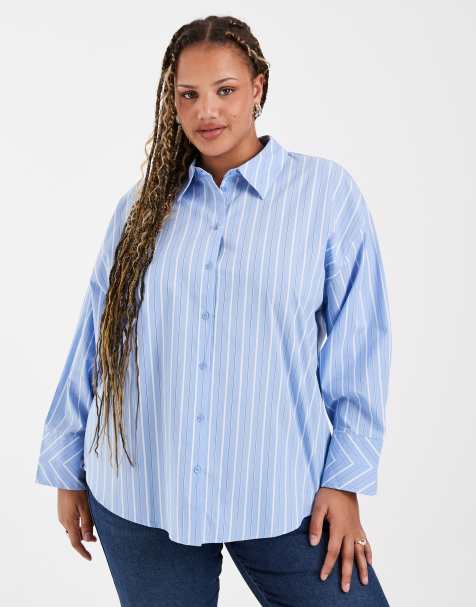 Vero Moda Curve – Jasnoniebieska koszula oversize w paski - view 1