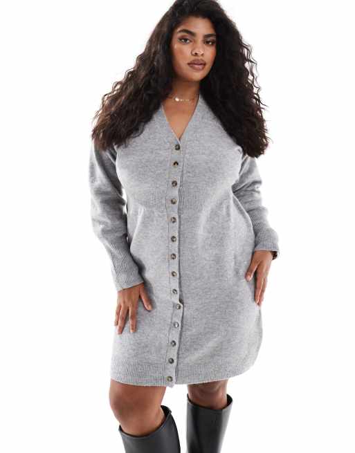 Vero Moda Curve – Jasnoszara melanżowa sukienka dzianinowa mini zapinana na guziki