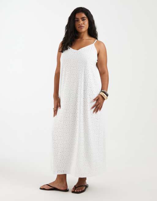 Vero Moda Curve jersey floral broderie cami midi dress in white | ASOS