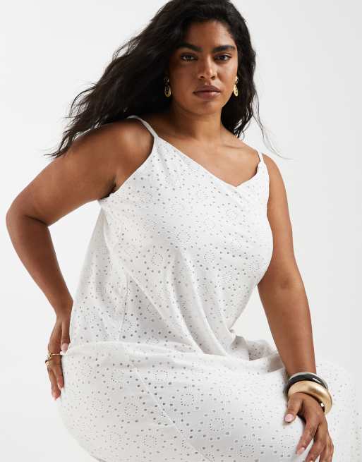 Vero Moda Curve jersey floral broderie cami midi dress in white | ASOS