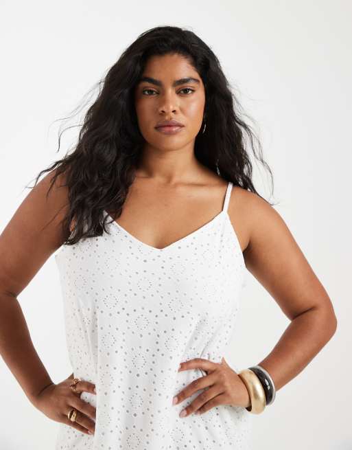 Vero Moda Curve jersey floral broderie cami midi dress in white, 3 of 4