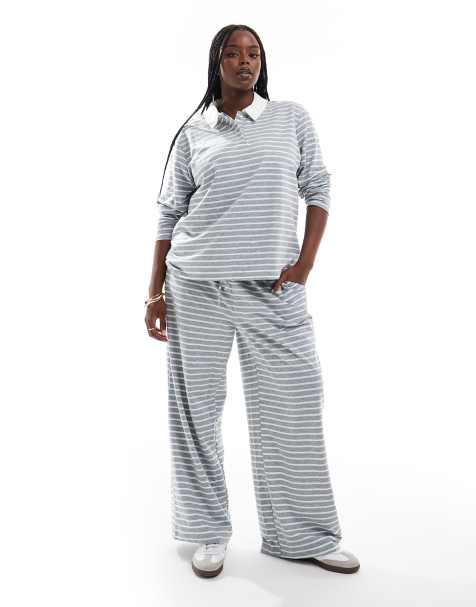 Vero Moda Curve jersey polo top & wide leg trouser co-ord in grey stripe - view 1